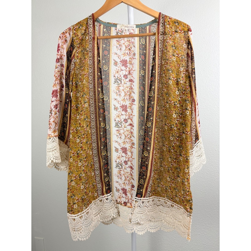 Rewind Womens XS Mustard Floral Paisley Crochet Lace Trim Kimono Cardigan Wrap